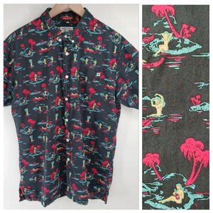 ●Lost At Sea Tropical Girls Print Hawaiian Black Button Down Shirt Mens Large